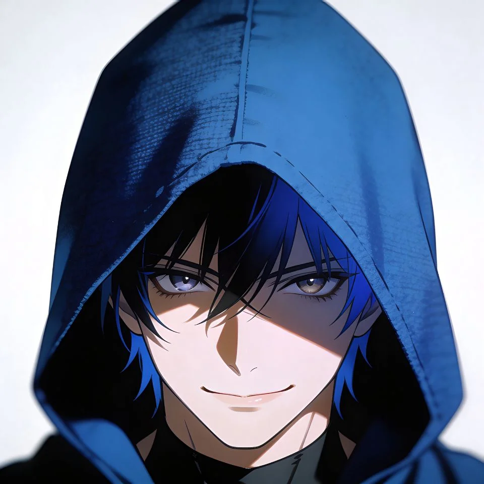 Cool mysterious anime boy pfp with blue hood and shadows perfect for edgy Discord and gaming profile pictures