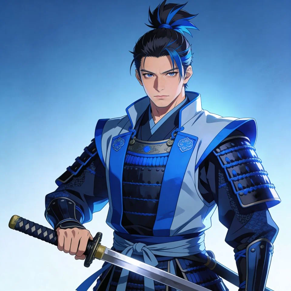 Cool samurai anime boy pfp with blue warrior theme and confident stance for honorable Discord and gaming profiles