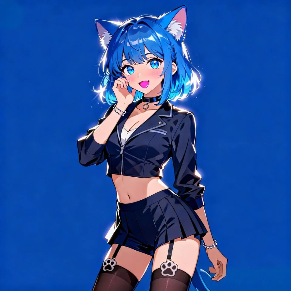Cute neko anime girl pfp with blue cat ears and playful expression ideal for kawaii Discord and gaming profiles