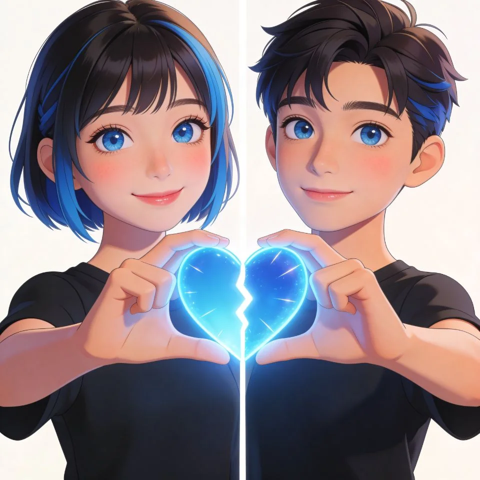 Matching blue couple pfp with anime boy and girl sharing hearts perfect for romantic Discord and Instagram duo profiles