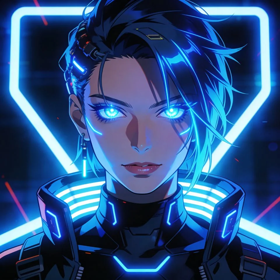 Neon blue cyberpunk anime pfp with electric glow effects and futuristic vibe perfect for tech Discord and gaming profiles