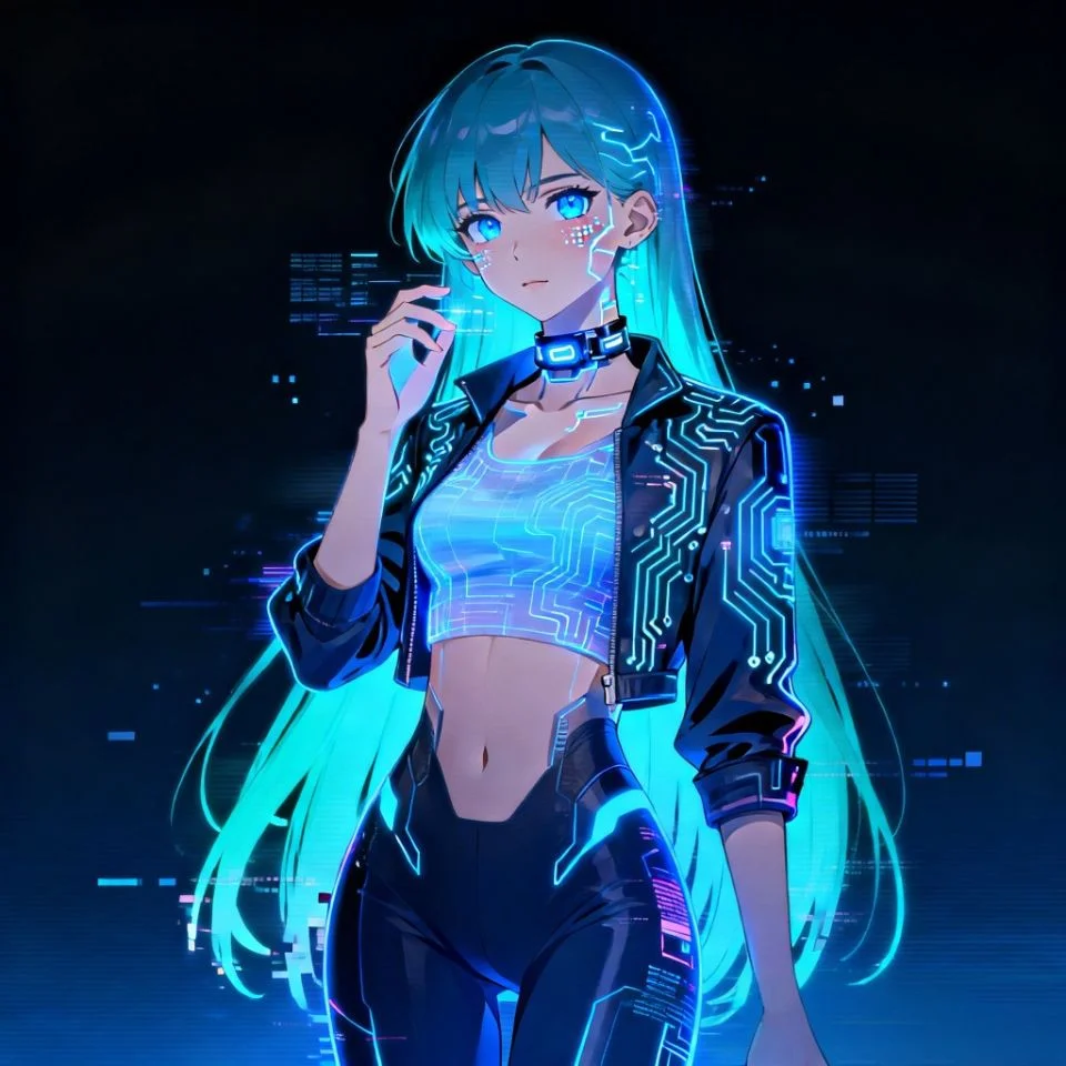 Neon blue hologram girl pfp with cyberpunk glitch effects and futuristic aesthetic for tech Discord and TikTok profiles