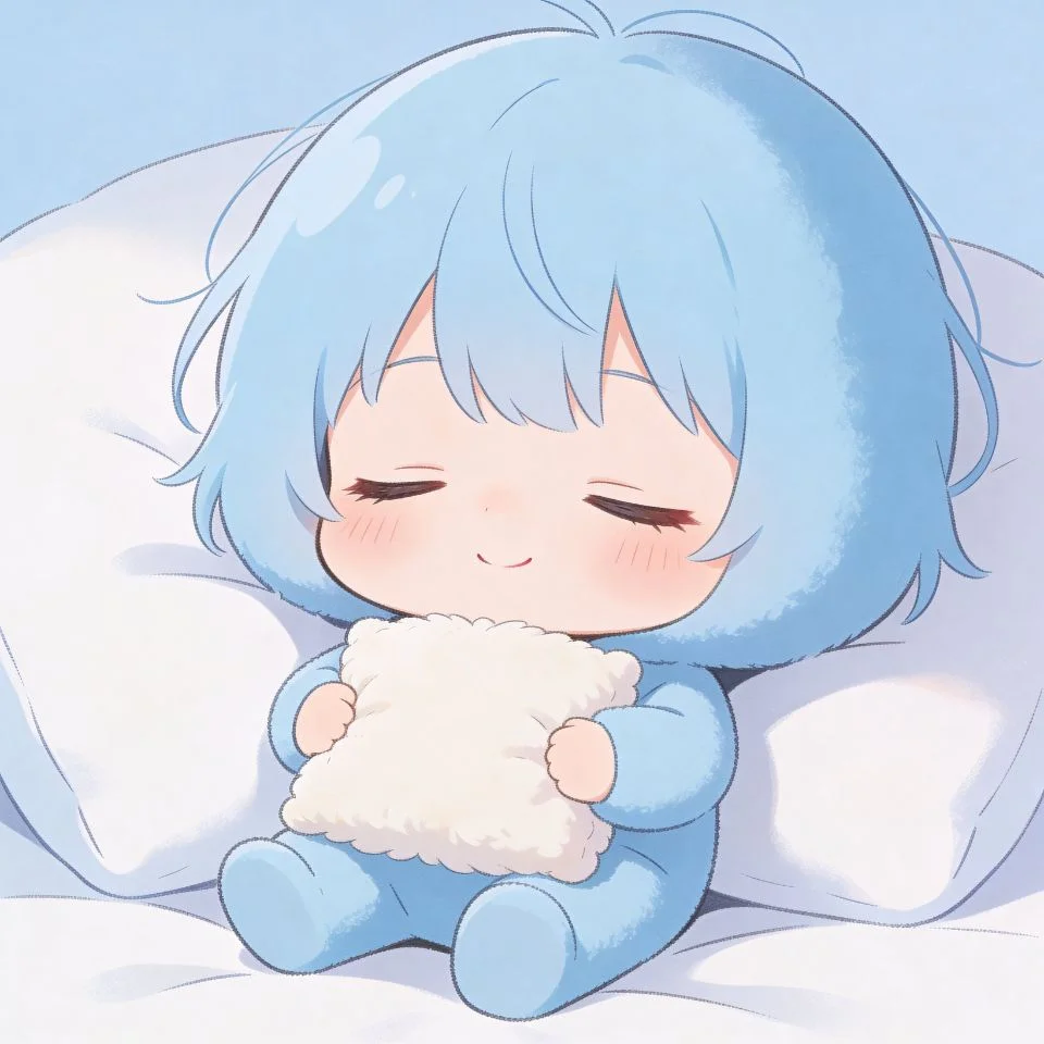 Soft pastel blue chibi pfp with sleepy cute character and calming tones for cozy Discord and kawaii Instagram avatars
