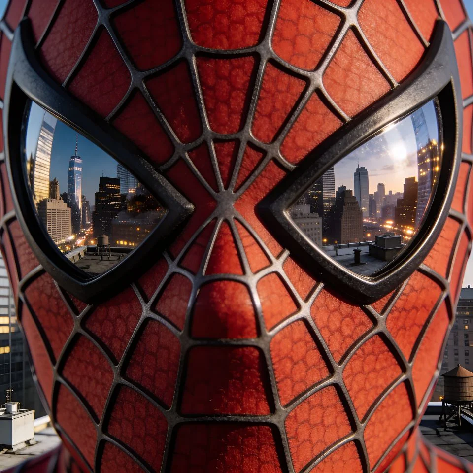 Cinematic close-up spider man pfp showing mask eye reflections with dramatic lighting for professional Discord avatars