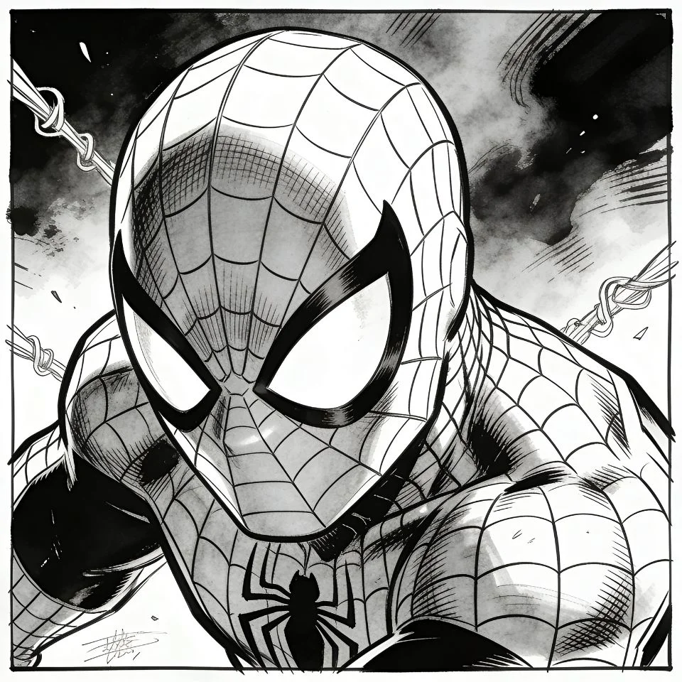 Black ink illustration spider man comic pfp with detailed sketch style perfect for artistic Discord and Instagram avatars