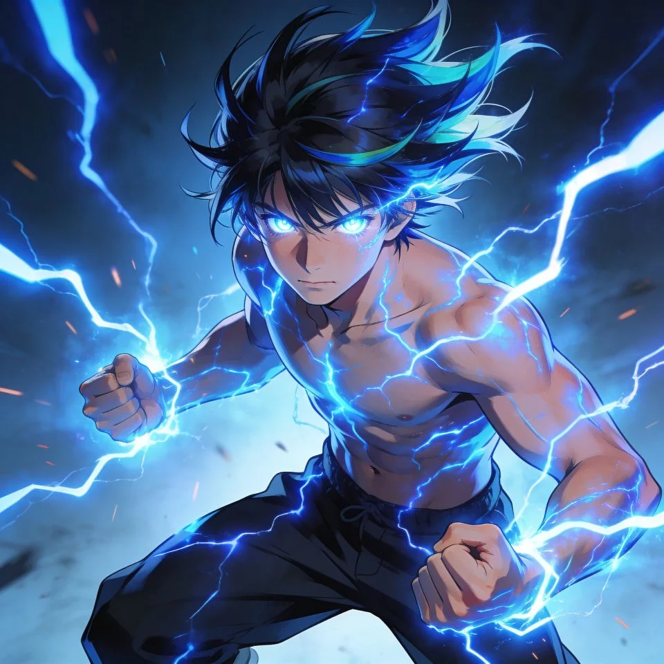 Cool anime boy pfp with electric blue lightning effects and powerful energy for dynamic Discord and gaming avatars