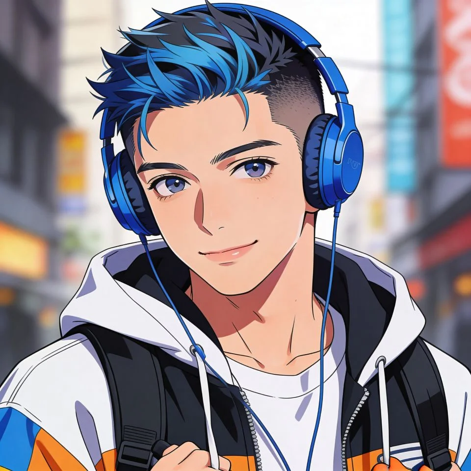 Cool anime boy pfp with blue headphones and urban streetwear style ideal for modern Discord and TikTok avatars