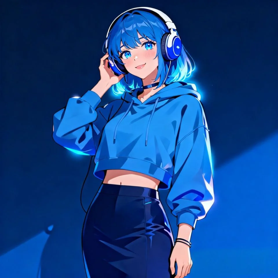 Cute blue anime girl pfp wearing headphones with music theme perfect for Discord music servers and TikTok creators