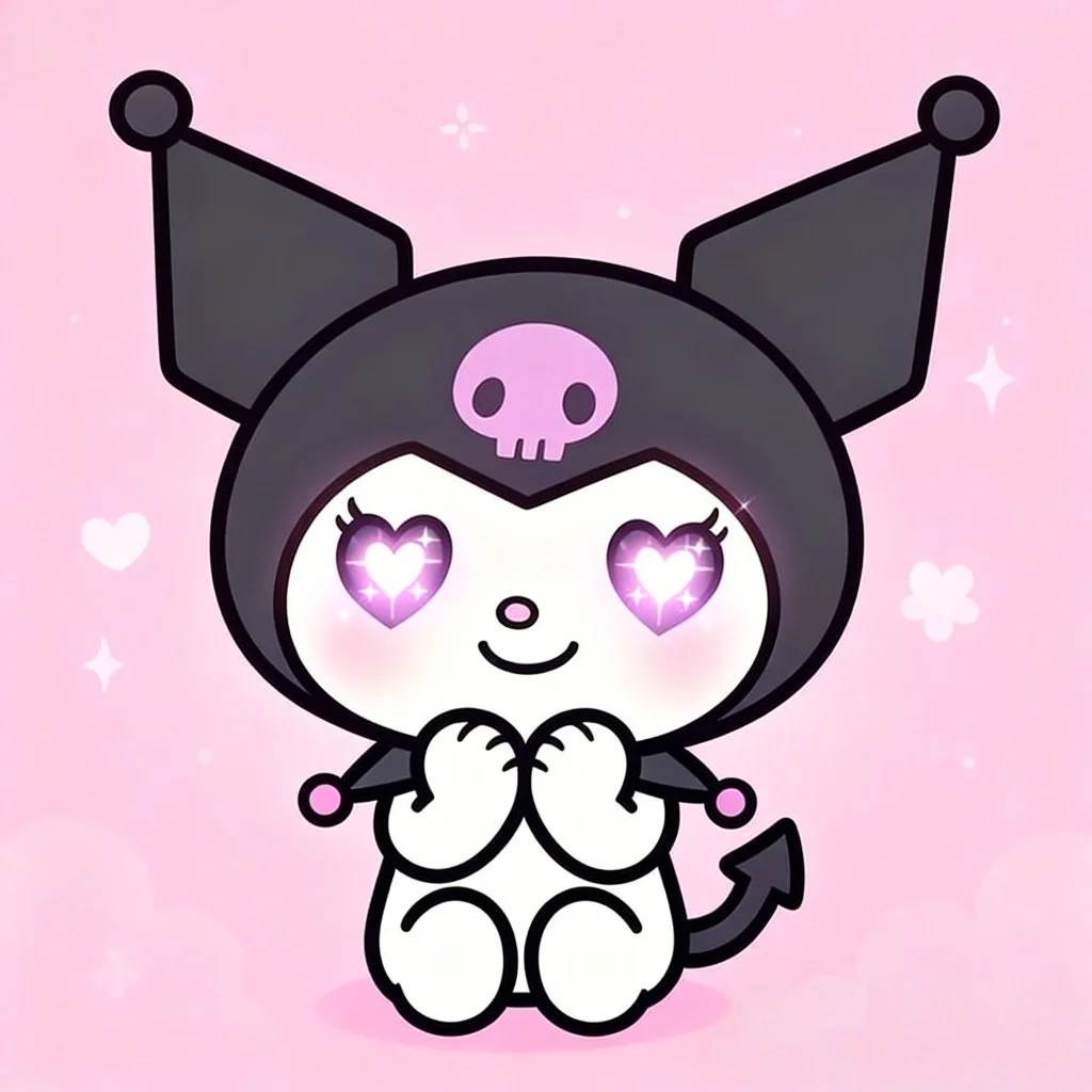 cute-kuromi-pfp-sanrio-heart-expression-tiktok Sanrio Kuromi pfp with heart eyes and blushing cheeks showing cute expression for TikTok and Instagram avatar
