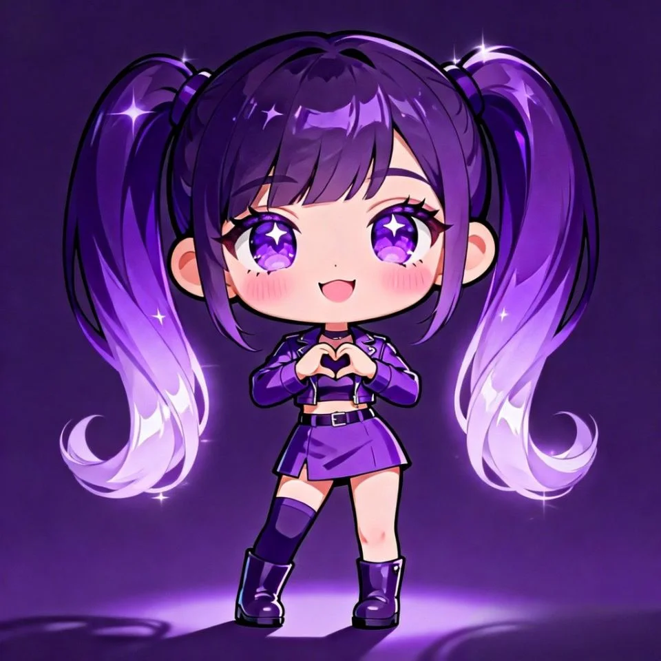 Chibi style purple anime girl pfp with big sparkling eyes and cute expression for kawaii Discord avatar