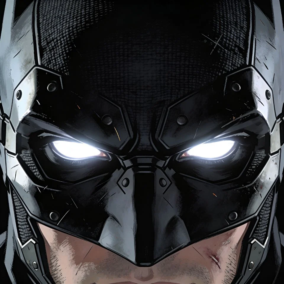 Batman pfp aesthetic dark showing extreme close-up of masked eyes with intimidating stare for Discord gaming avatar