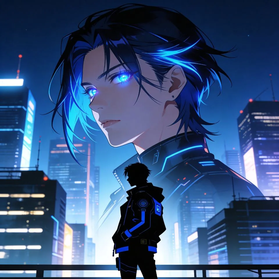 Dark blue aesthetic anime pfp with cyberpunk city lights in midnight navy for futuristic Discord profiles
