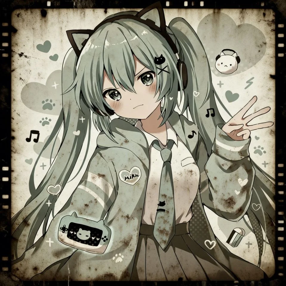 edgy-miku-pfp-grunge-texture-dark-filter-tiktok Edgy miku pfp with grunge texture overlay and dark filter perfect for alternative TikTok and Instagram profiles