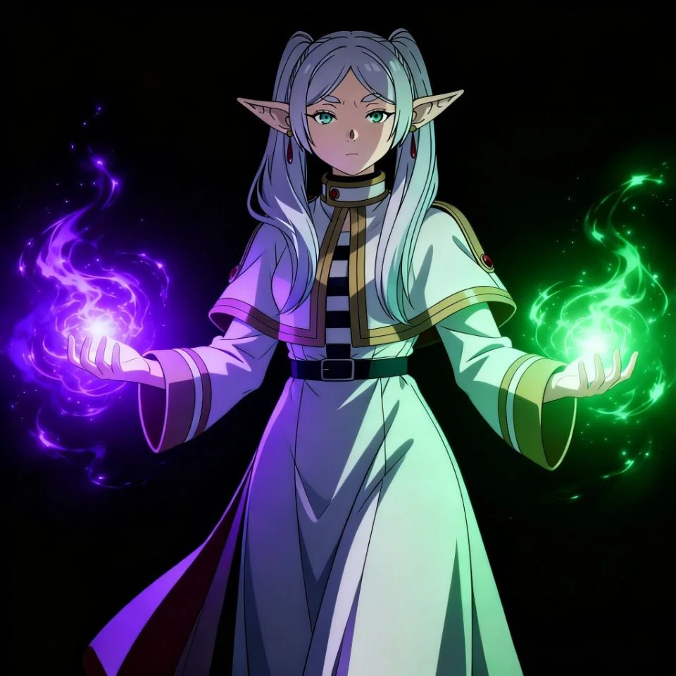 frieren-4k-pfp-hd-purple-green-dual-spell-casting-hands 4k hd frieren pfp casting dual spells with purple and green magic energy from both hands for premium avatar