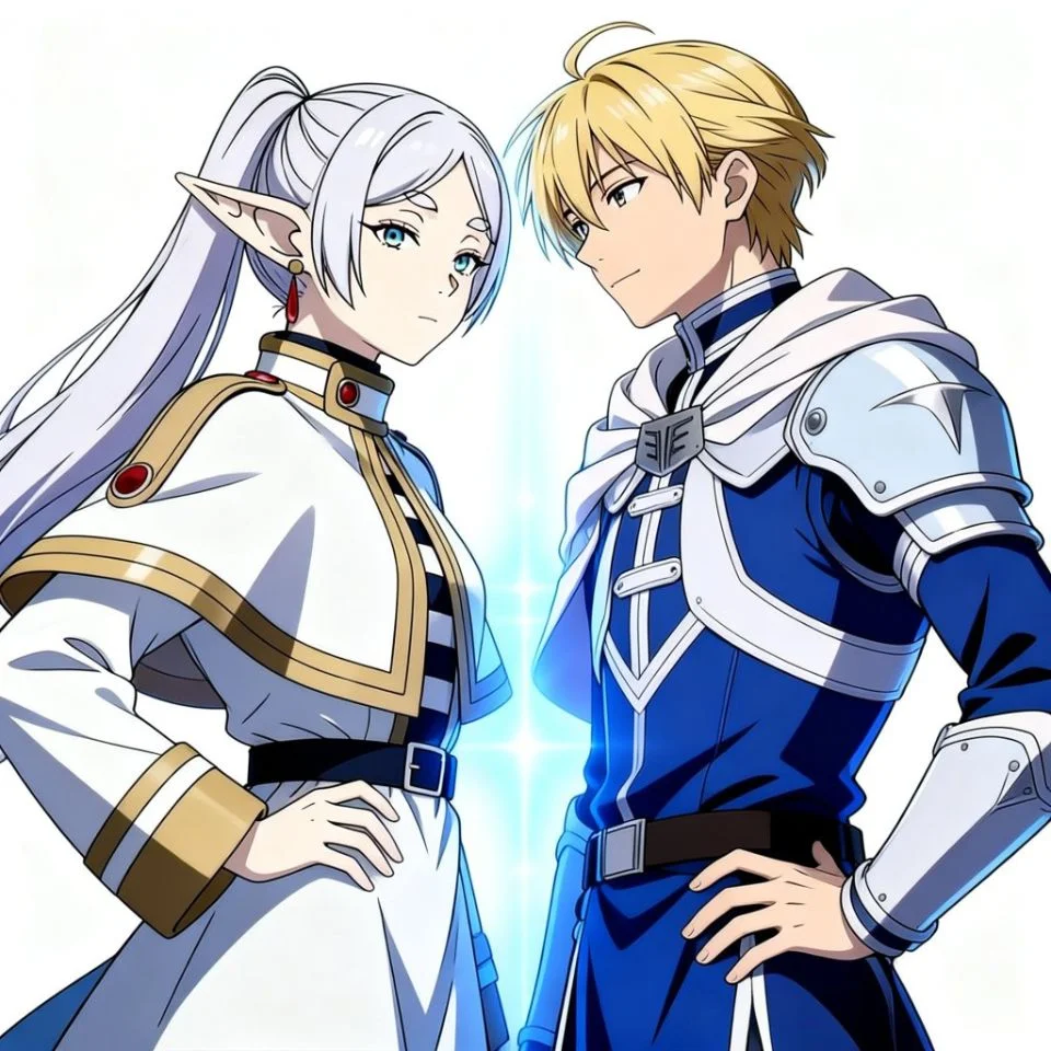 frieren-himmel-matching-pfp-mirror-pose-blue-white Matching frieren himmel profile pictures with mirrored poses and blue white color scheme for couple TikTok avatars