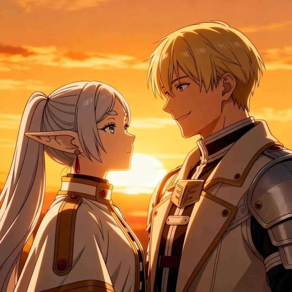 frieren-himmel-matching-pfp-side-by-side-sunset-glow Frieren and himmel matching pfp with side-by-side sunset glow background for romantic couple Discord avatars