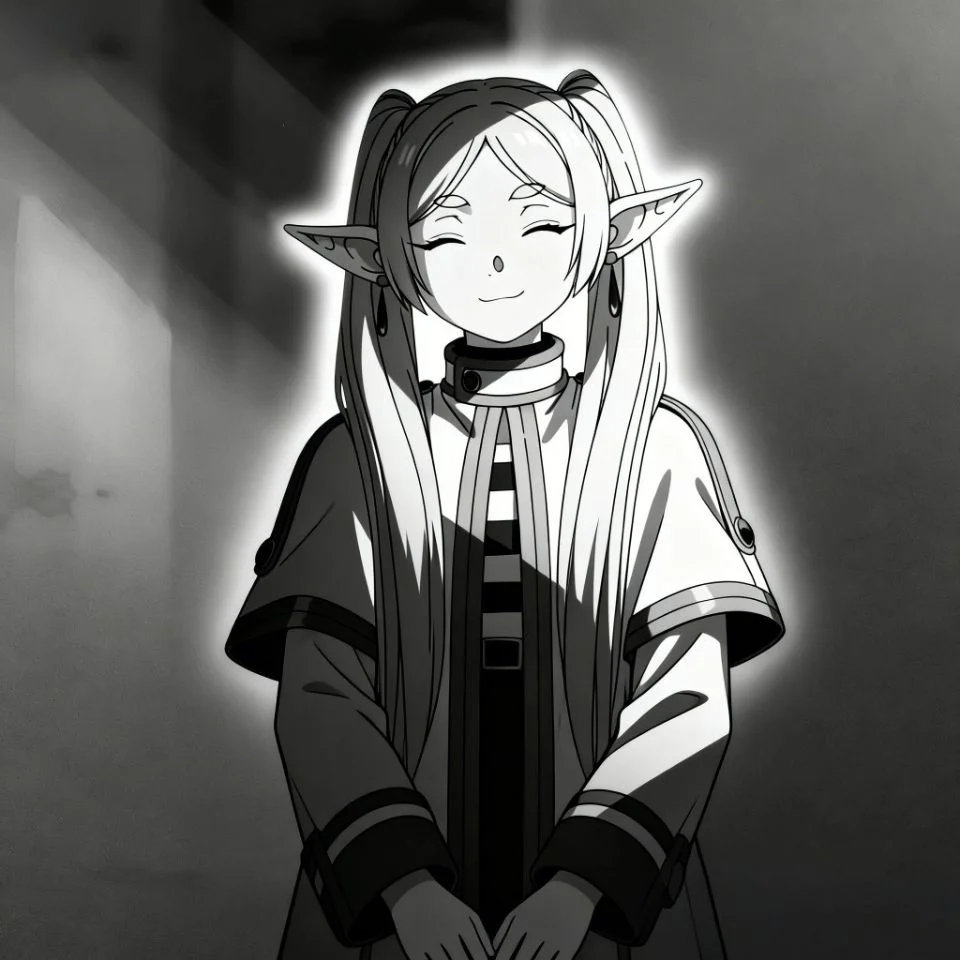 frieren-manga-panel-pfp-black-white-peaceful-smile-rare Manga frieren pfp black white showing rare peaceful smile with soft shading for heartwarming Discord Instagram pfp