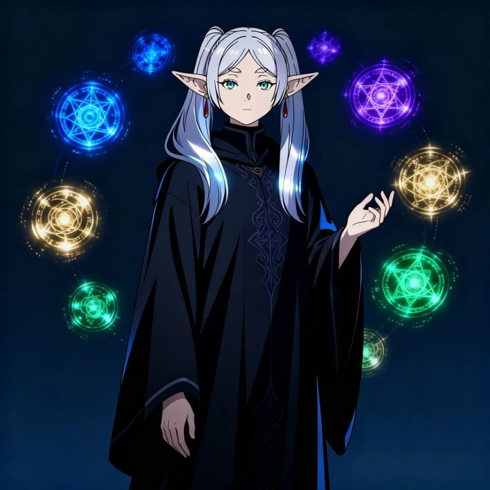 frieren-pfp-4k-hd-multiple-spell-orbs-floating-magic High definition 4k frieren pfp with multiple floating spell orbs and detailed magic effects for premium avatar