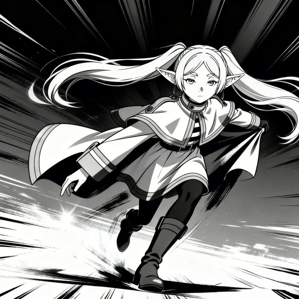 frieren-pfp-black-white-manga-action-pose-dramatic-angle Black and white frieren manga pfp with dynamic action pose and dramatic angle for artistic Discord TikTok avatar