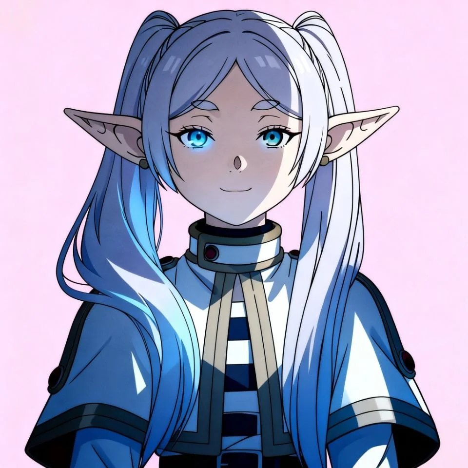 frieren-pfp-cute-aesthetic-pastel-pink-blue-gradient Cute aesthetic frieren pfp with pastel pink and blue gradient background showing gentle smile for Discord profiles