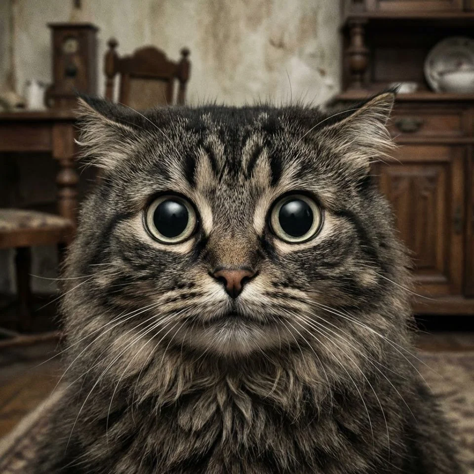 Cursed cat pfp with unnaturally wide eyes and intense staring expression perfect for funny Discord and TikTok animal avatars
