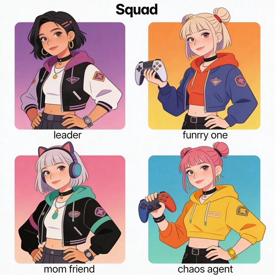 Matching squad pfp for four friends with coordinated funny group theme perfect for Discord server and group chat avatars
