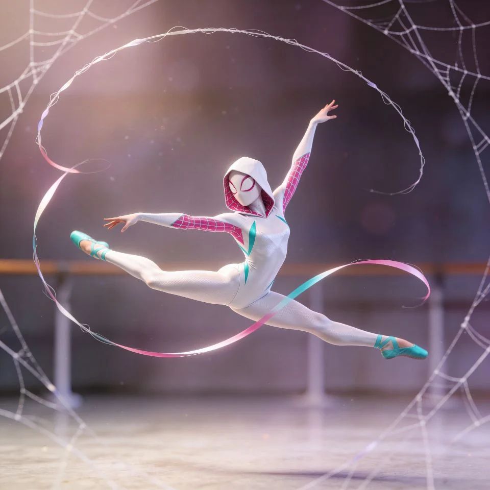 Ghost-Spider pfp showing Gwen Stacy in graceful ballet pose with aesthetic lighting for artistic TikTok avatars