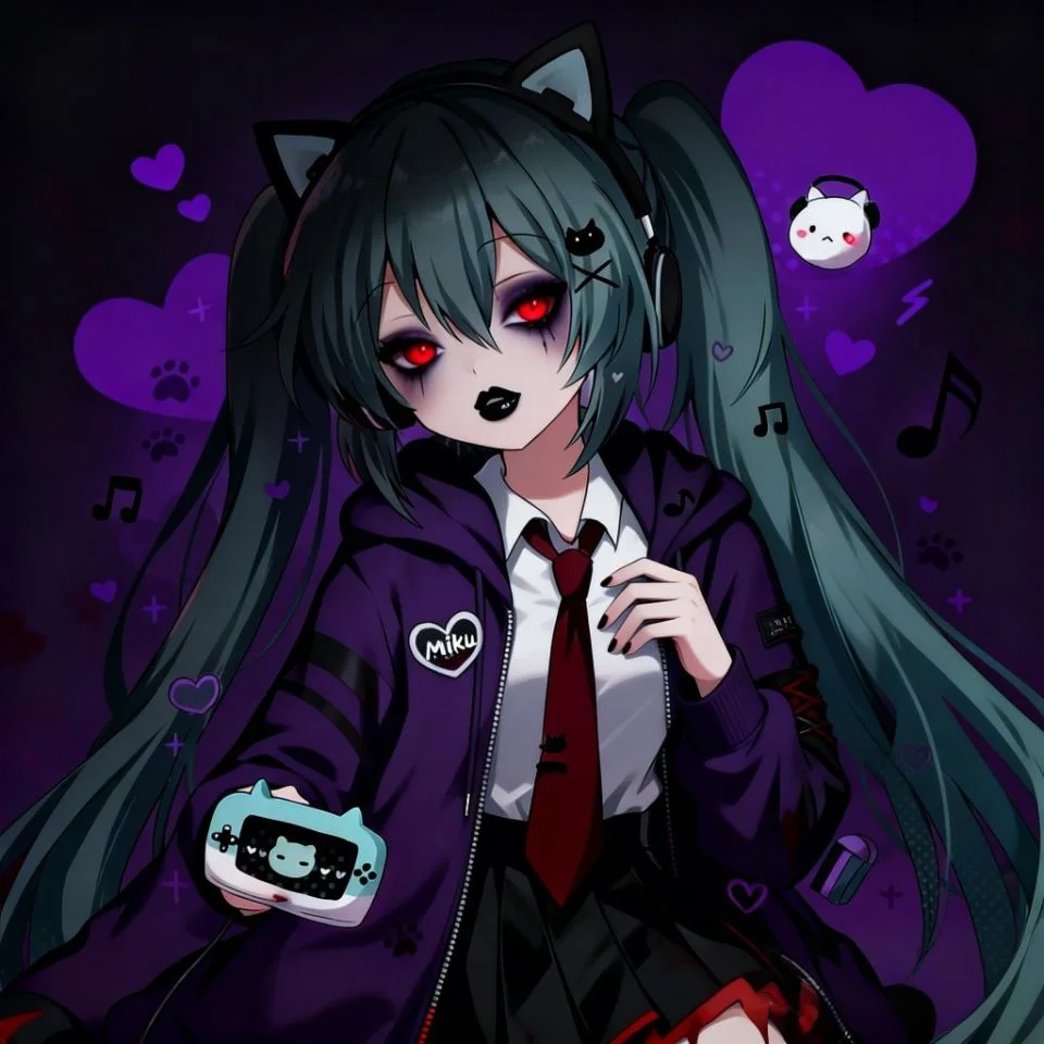gothic-miku-pfp-red-eyes-dark-makeup-edgy Gothic miku pfp featuring red glowing eyes and dark makeup for edgy TikTok and Discord avatar aesthetics