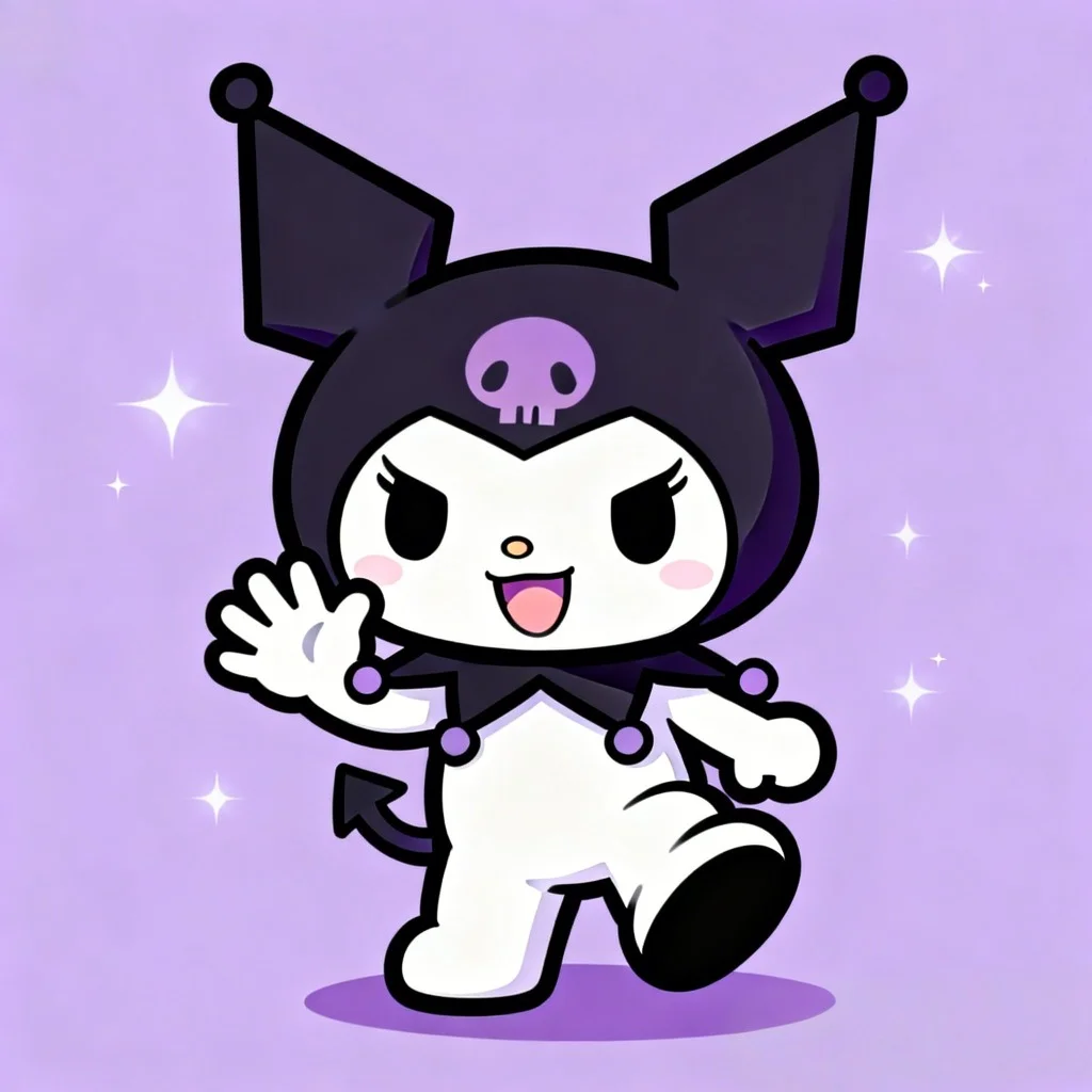 kuromi-pfp-cute-discord-smiling-playful-pose Playful Kuromi pfp with bright smile and waving pose perfect for cute Discord profile picture and social media