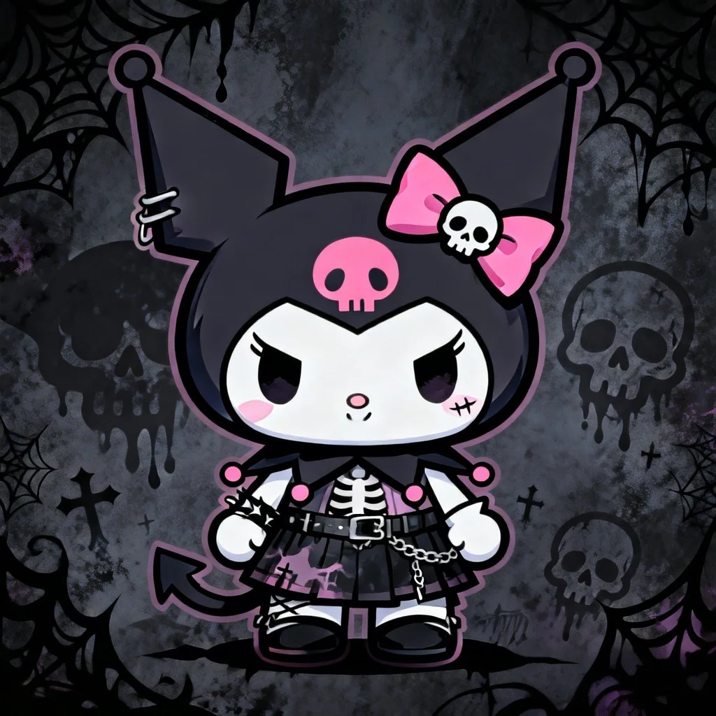 kuromi-pfp-dark-goth-skull-bow-aesthetic Goth Kuromi pfp featuring skull bow accessory with dark aesthetic perfect for gothic Discord and emo TikTok profile