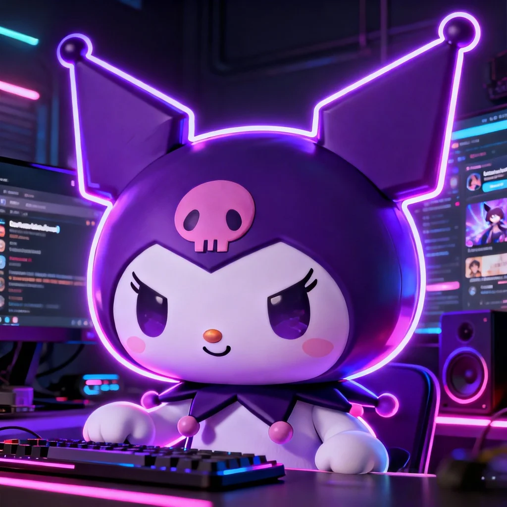 kuromi-pfp-purple-neon-glow-vibrant-aesthetic Neon purple Kuromi pfp with vibrant glow effects and bright aesthetic for Discord gaming TikTok profile avatar