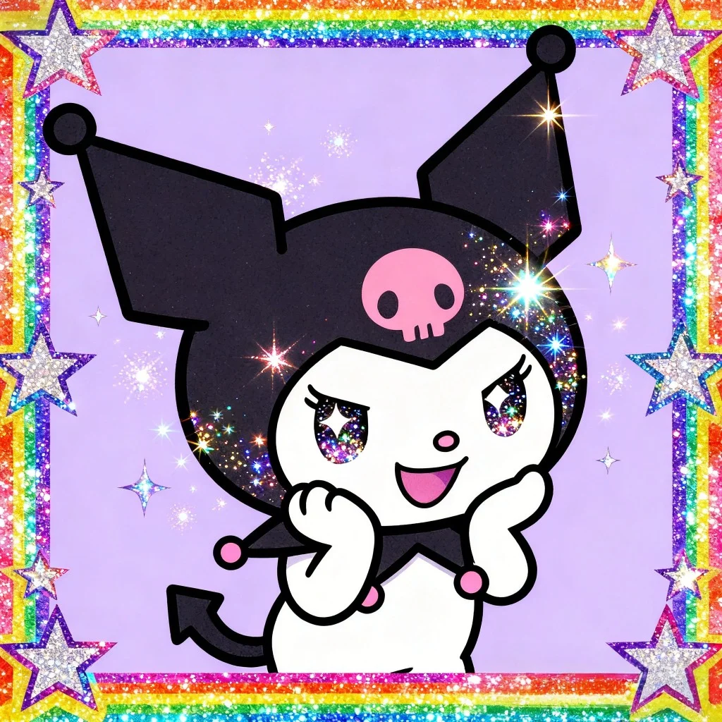 kuromi-pfp-y2k-glitter-stars-border-retro-aesthetic Y2K glitter Kuromi pfp with star borders and retro sparkle effects for nostalgic Discord Instagram TikTok avatar pic