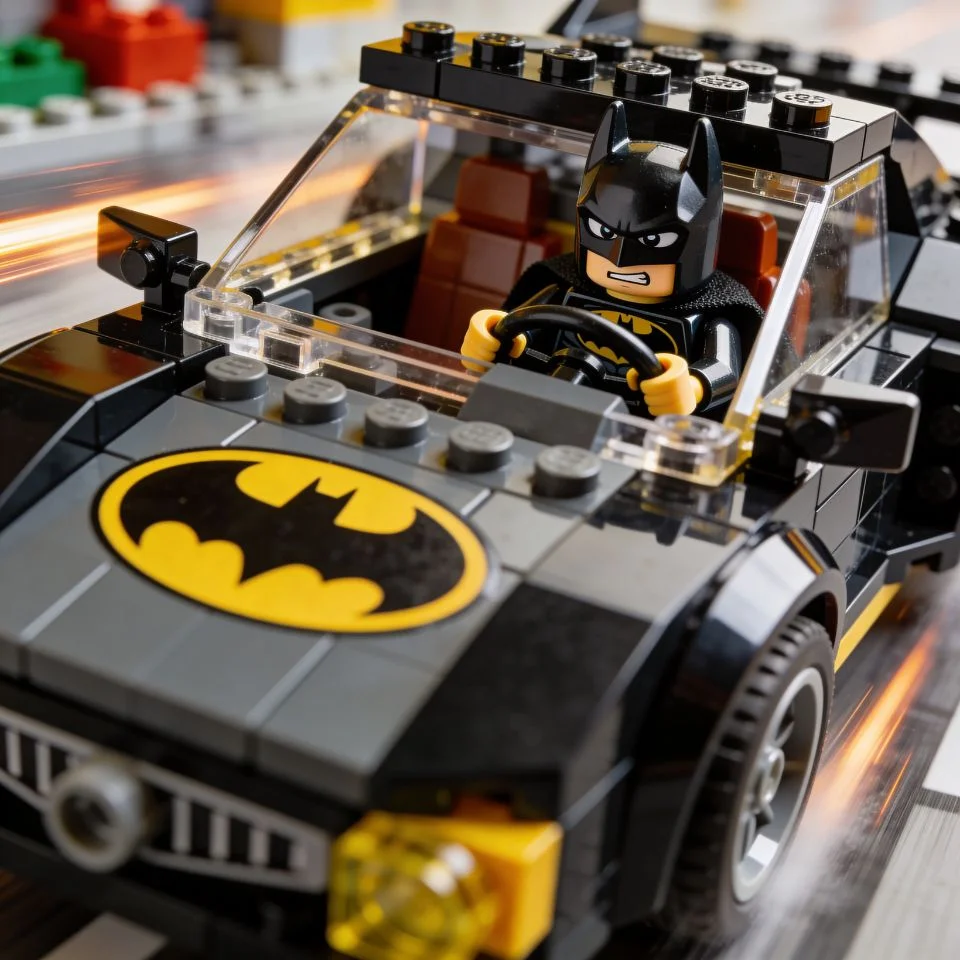 Lego batman pfp driving batmobile toy vehicle with action scene for cool Instagram profile picture gaming avatar playful