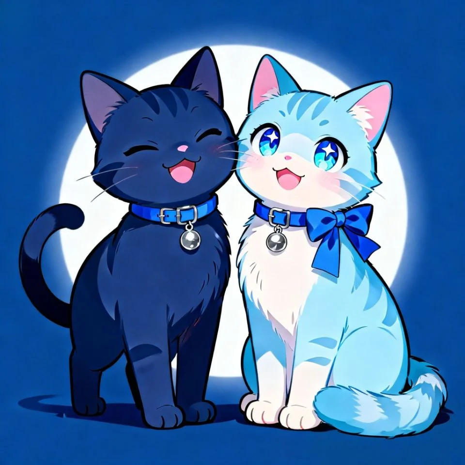 Matching blue anime cat pfp with cute companion designs perfect for kawaii friend Discord and Instagram duo profiles