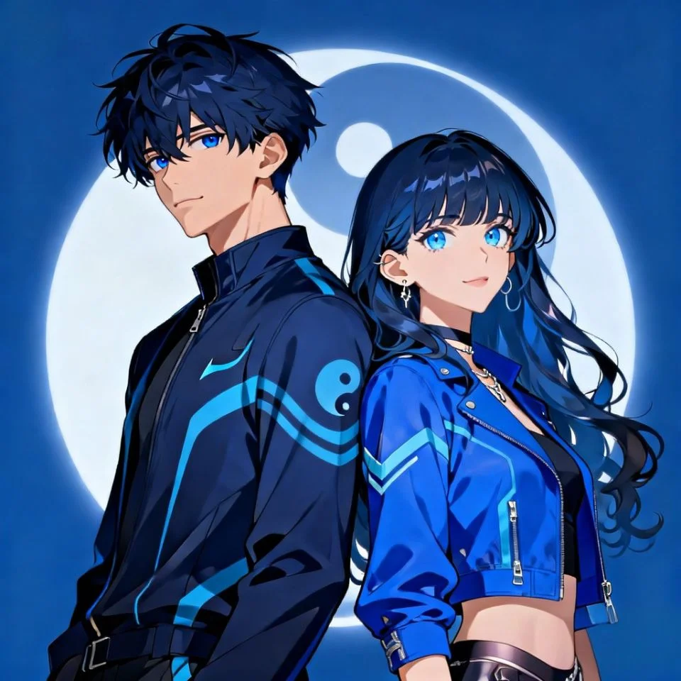 Matching blue best friend pfp with yin yang symbols and complementary designs ideal for friendship Discord and TikTok avatars