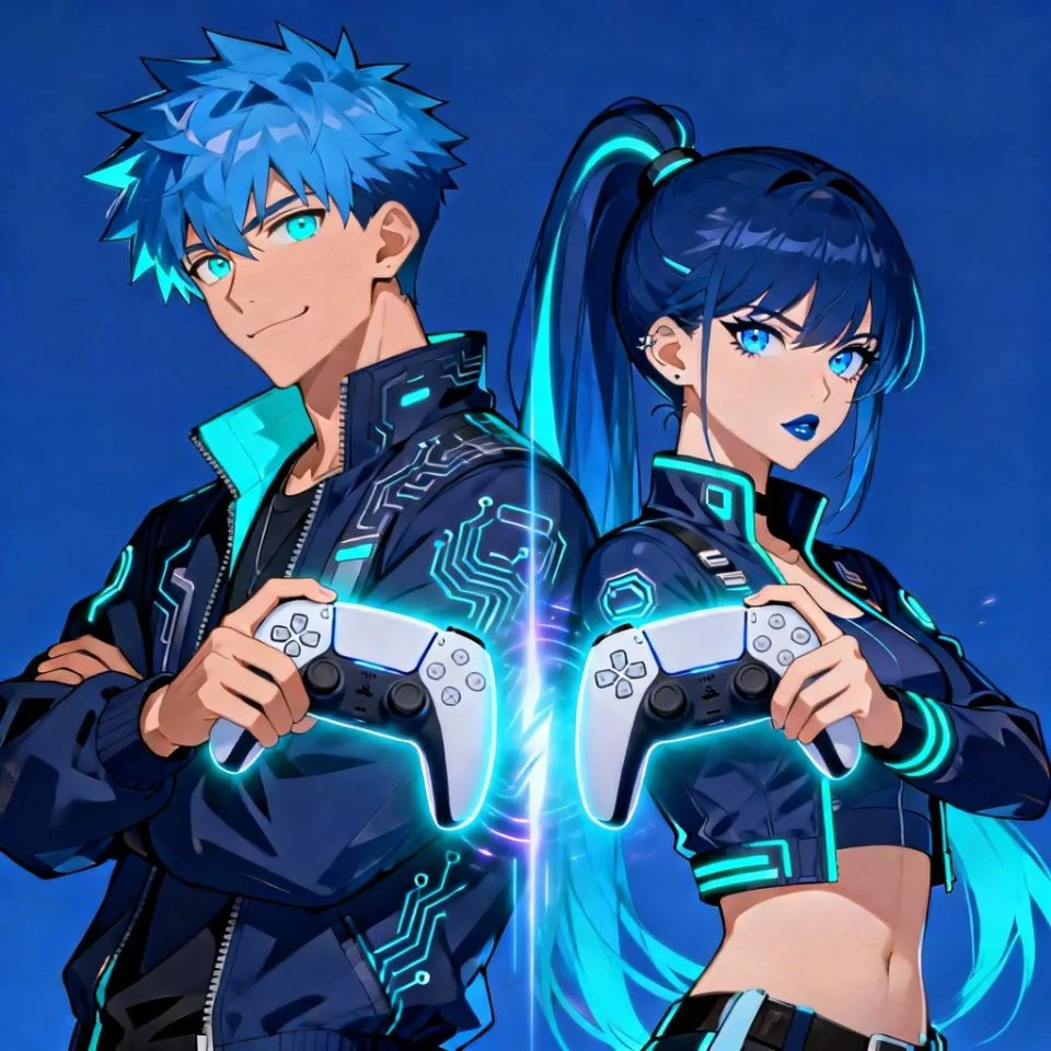 Matching blue gaming duo pfp with split controller design perfect for gamer friends Discord and streaming profiles