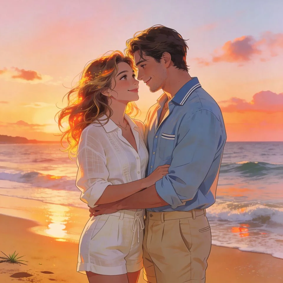 matching-preppy-couple-pfp-beach-sunset-romantic Matching preppy couple pfp with beach sunset background showing romantic aesthetic perfect for Instagram TikTok avatars