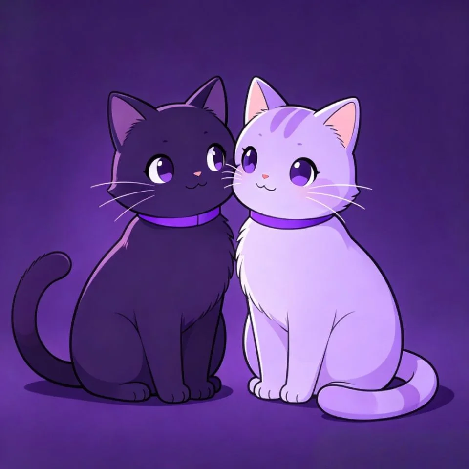 Adorable matching purple cat couple pfp with two cats sitting together for cute Discord and TikTok avatars