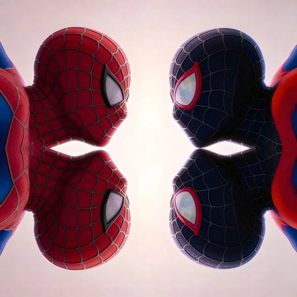 Matching spider man pfp with red and blue split design and mirror composition for coordinated Discord duo avatars
