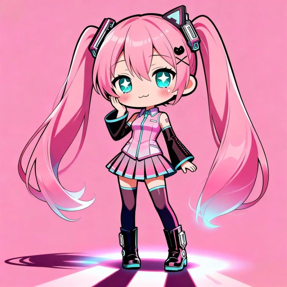 miku-pfp-cute-kawaii-chibi-pastel-pink-hearts Cute chibi miku pfp with pastel pink twin-tails and sparkling heart eyes perfect for kawaii Discord and TikTok profiles