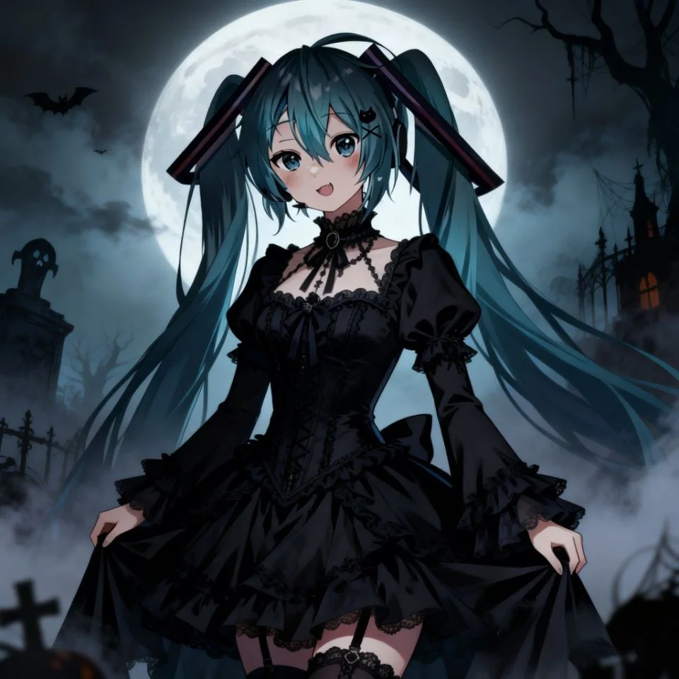 miku-pfp-dark-halloween-gothic-style-black-dress Dark halloween miku pfp in gothic black dress with spooky atmosphere for seasonal Discord and Instagram avatars
