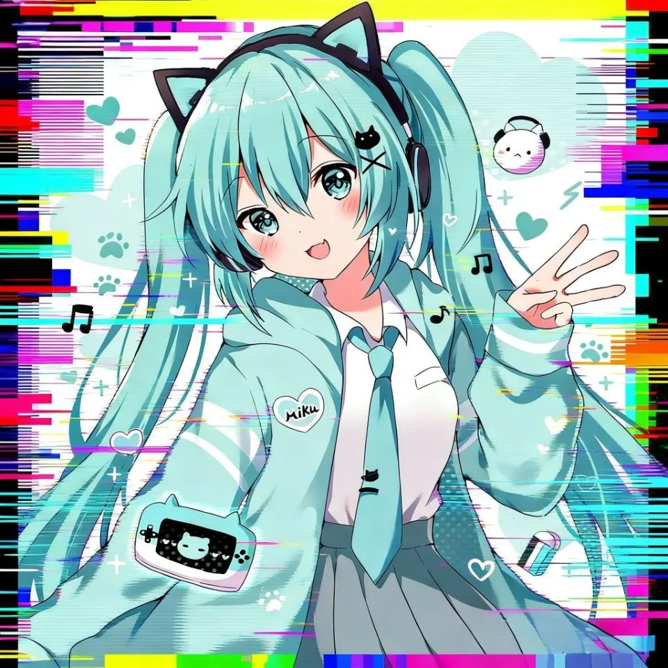 miku-pfp-glitch-effect-y2k-digital-corruption Glitch effect miku pfp with Y2K digital corruption aesthetic for edgy TikTok and Instagram profile pictures