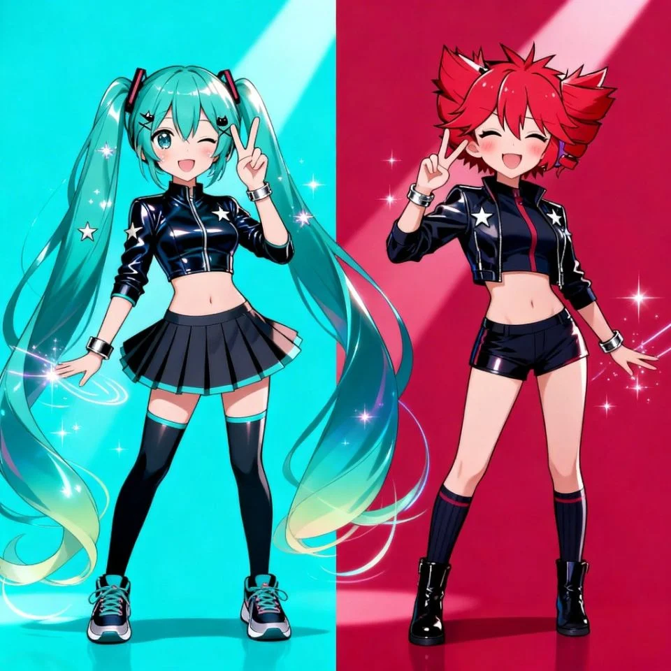 miku-teto-matching-pfp-cute-wink-peace-signs Miku and Teto matching pfp with cute winks and peace signs for playful Discord and TikTok friend profiles