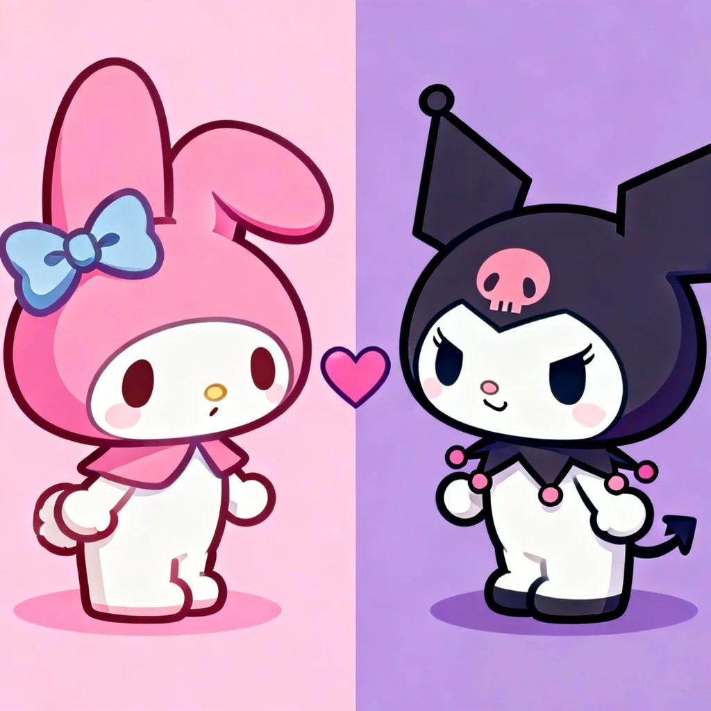 my-melody-kuromi-matching-pfp-facing-hearts-duo My Melody and Kuromi matching pfp facing each other with hearts perfect for best friends Discord couple TikTok avatar