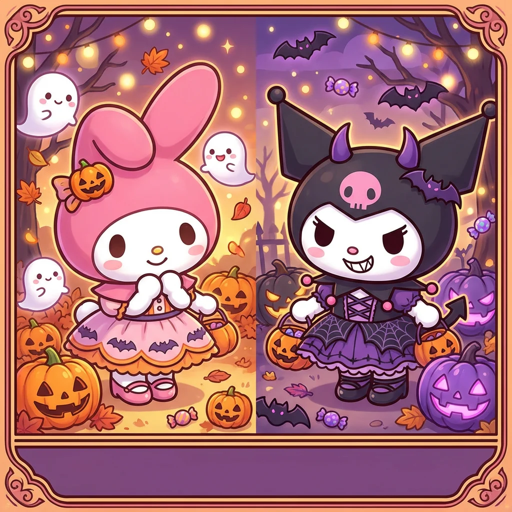 my-melody-kuromi-matching-pfp-halloween-spooky-cute-aesthetic Halloween themed matching My Melody and Kuromi pfp with spooky cute aesthetic perfect for October Discord profile pictures