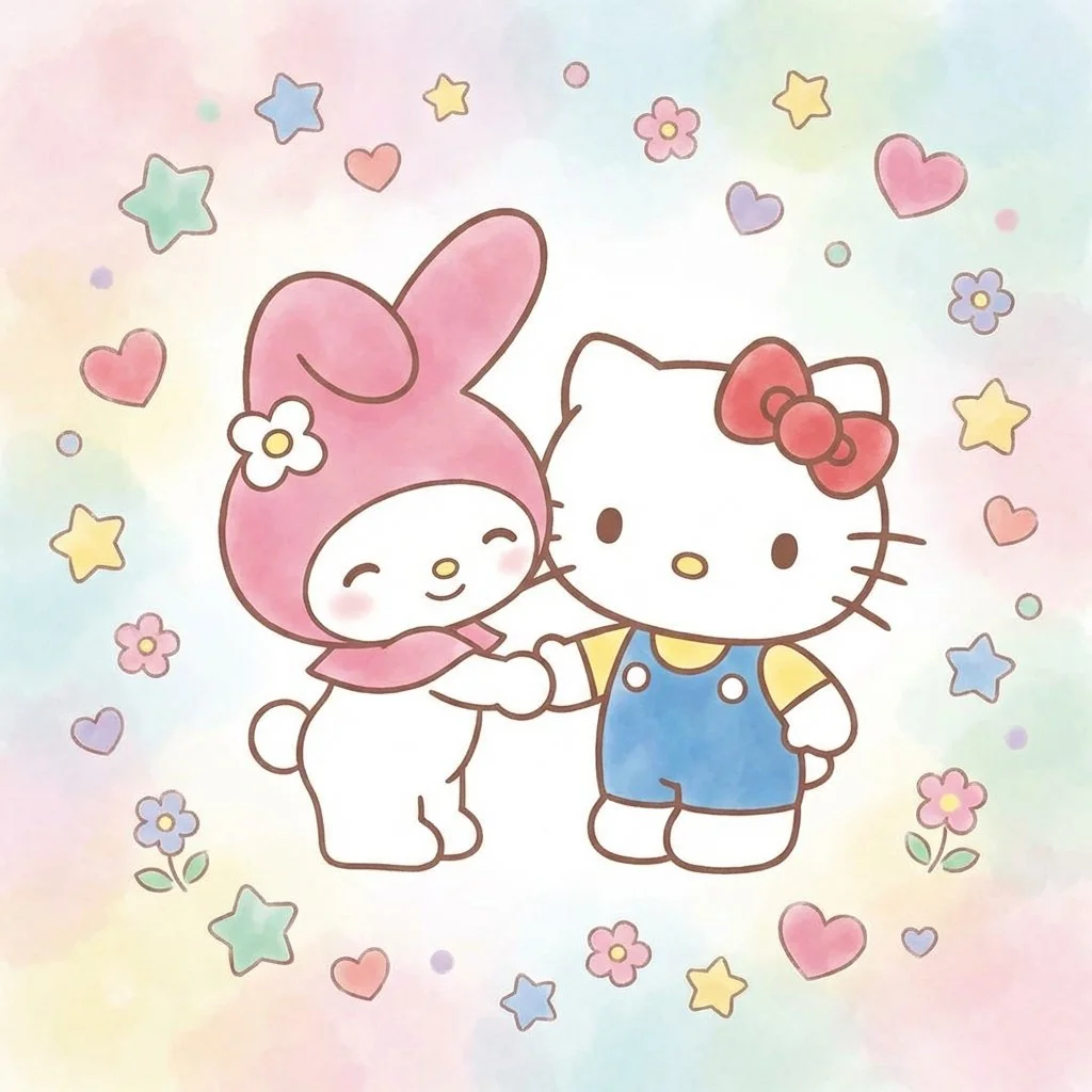 my-melody-pfp-hello-kitty-sanrio-friends-official-art My Melody with Hello Kitty pfp showing Sanrio friends official art perfect for nostalgic Instagram and TikTok profiles