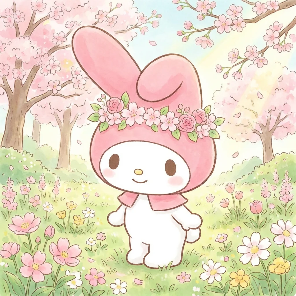 my-melody-pfp-kawaii-pink-flower-crown-spring-aesthetic Kawaii My Melody pfp wearing pink flower crown with spring aesthetic perfect for seasonal Instagram and Discord profiles