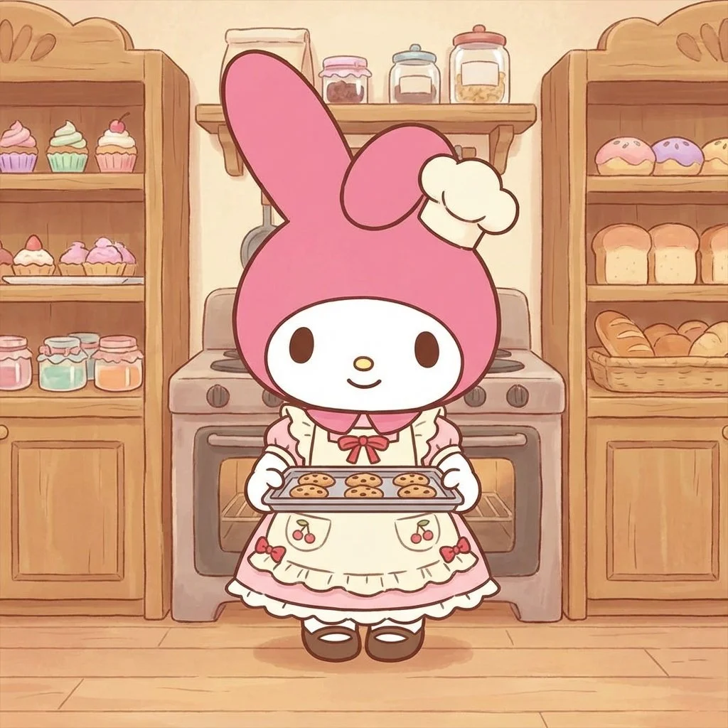 my-melody-pfp-netflix-series-baker-shop-scene-aesthetic My Melody baker shop pfp from Netflix series showing bakery scene aesthetic perfect for cozy Discord and Instagram avatars
