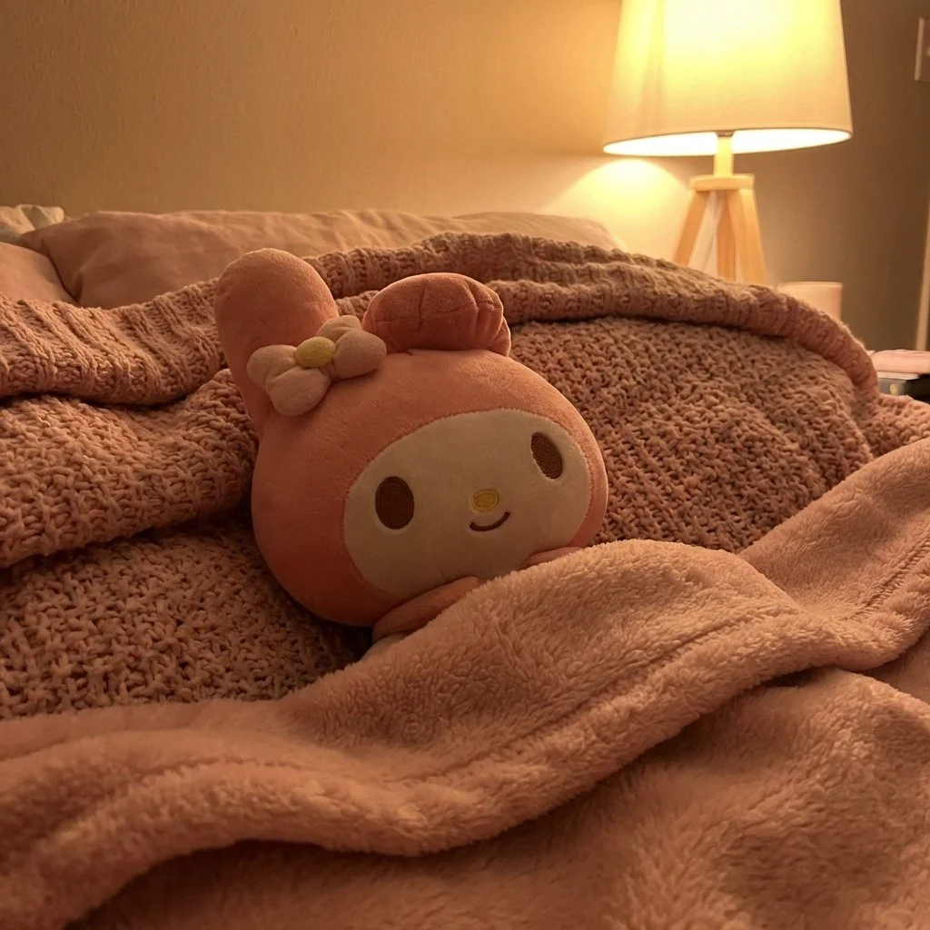 my-melody-pfp-plush-pink-blanket-cozy-bedroom-aesthetic Cozy My Melody plush pfp with pink blanket and bedroom aesthetic perfect for comfort-focused Discord and Instagram avatars