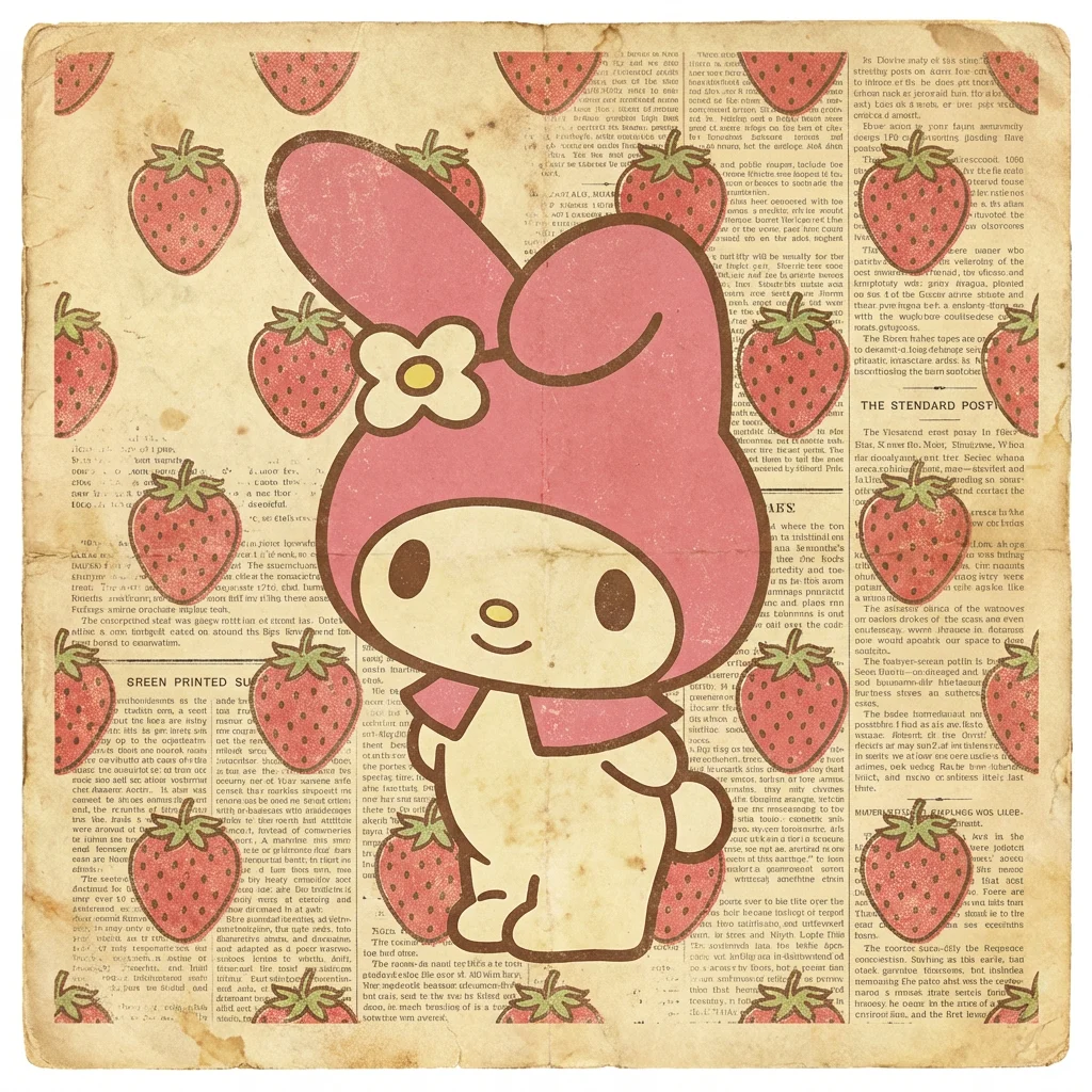 my-melody-pfp-retro-sanrio-strawberry-newspaper-vintage Retro vintage My Melody pfp with strawberry newspaper print aesthetic perfect for nostalgic Pinterest and Instagram avatars